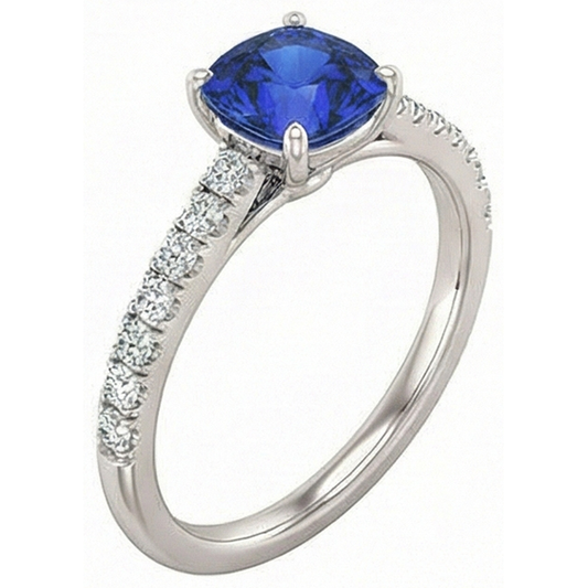 Anello con zaffiro taglio cuscino con pietre preziose. 2.50 carati. diamanti incastonati a coda di pesce