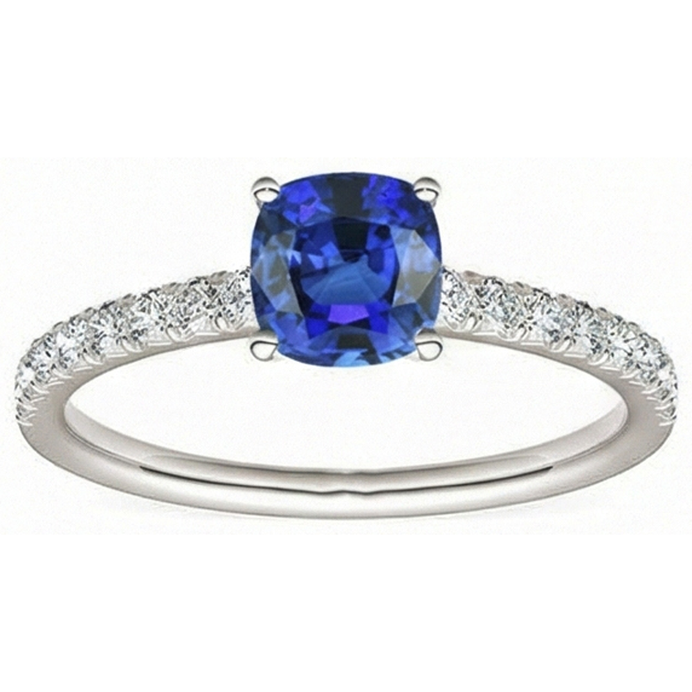Anello con zaffiro taglio cuscino con pietre preziose. 2.50 carati. diamanti incastonati a coda di pesce
