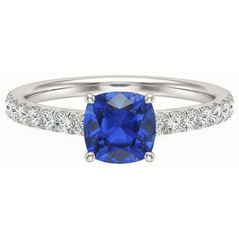 Anello con zaffiro taglio cuscino con pietre preziose. 2.50 carati. diamanti incastonati a coda di pesce