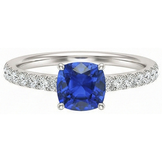 Anello con zaffiro taglio cuscino con pietre preziose. 2.50 carati. diamanti incastonati a coda di pesce