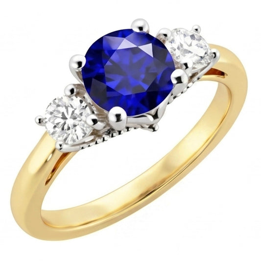 Anello con zaffiro tondo da 2,50 carati e tre pietre in oro bicolore 14K