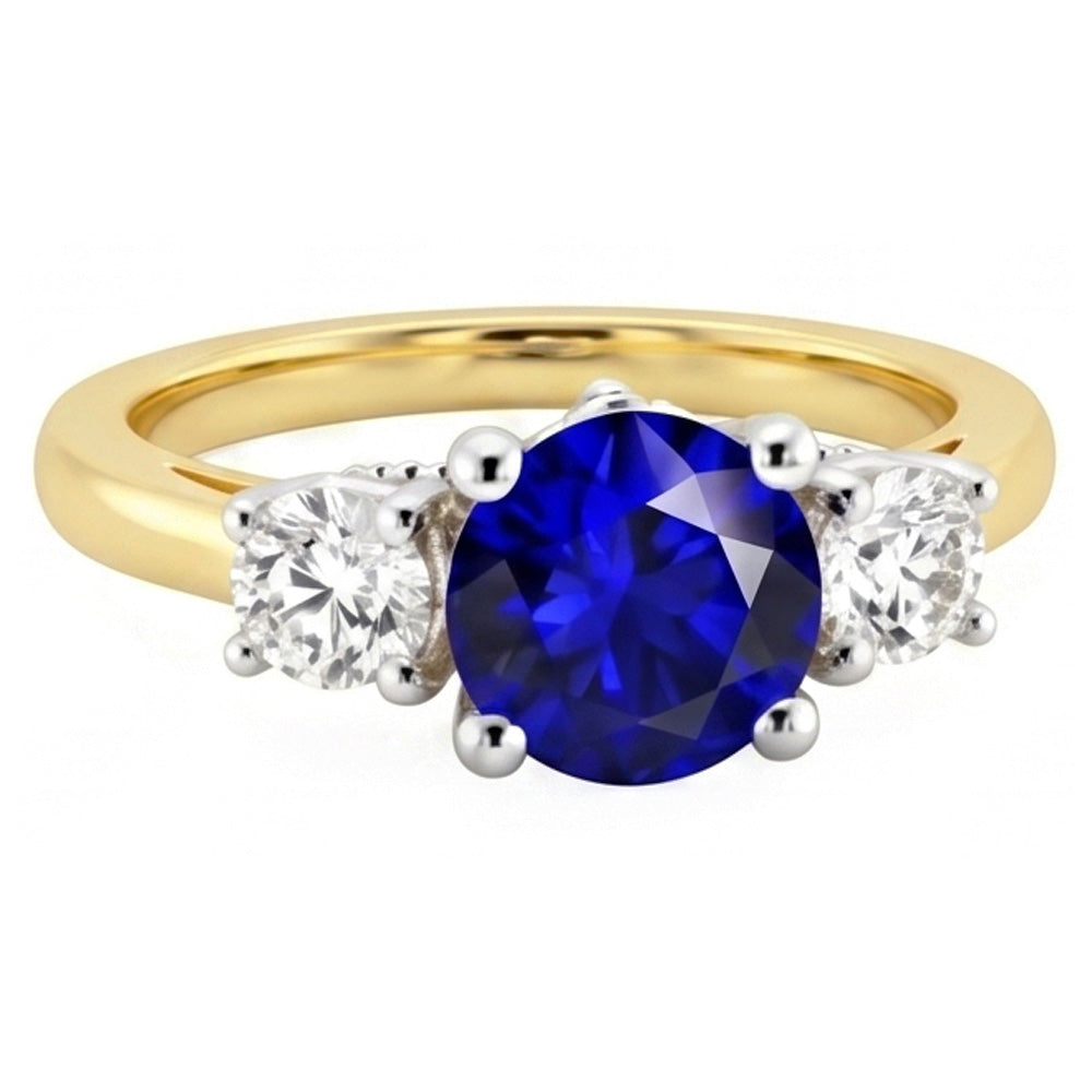 Anello con zaffiro tondo da 2,50 carati e tre pietre in oro bicolore 14K