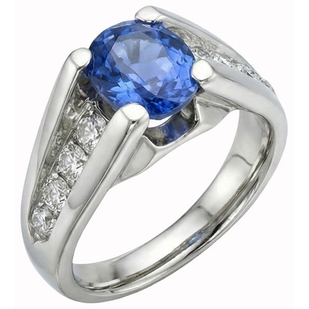 Anello con zaffiro tondo dello Sri Lanka da 2,50 carati e diamante in oro bianco 14K
