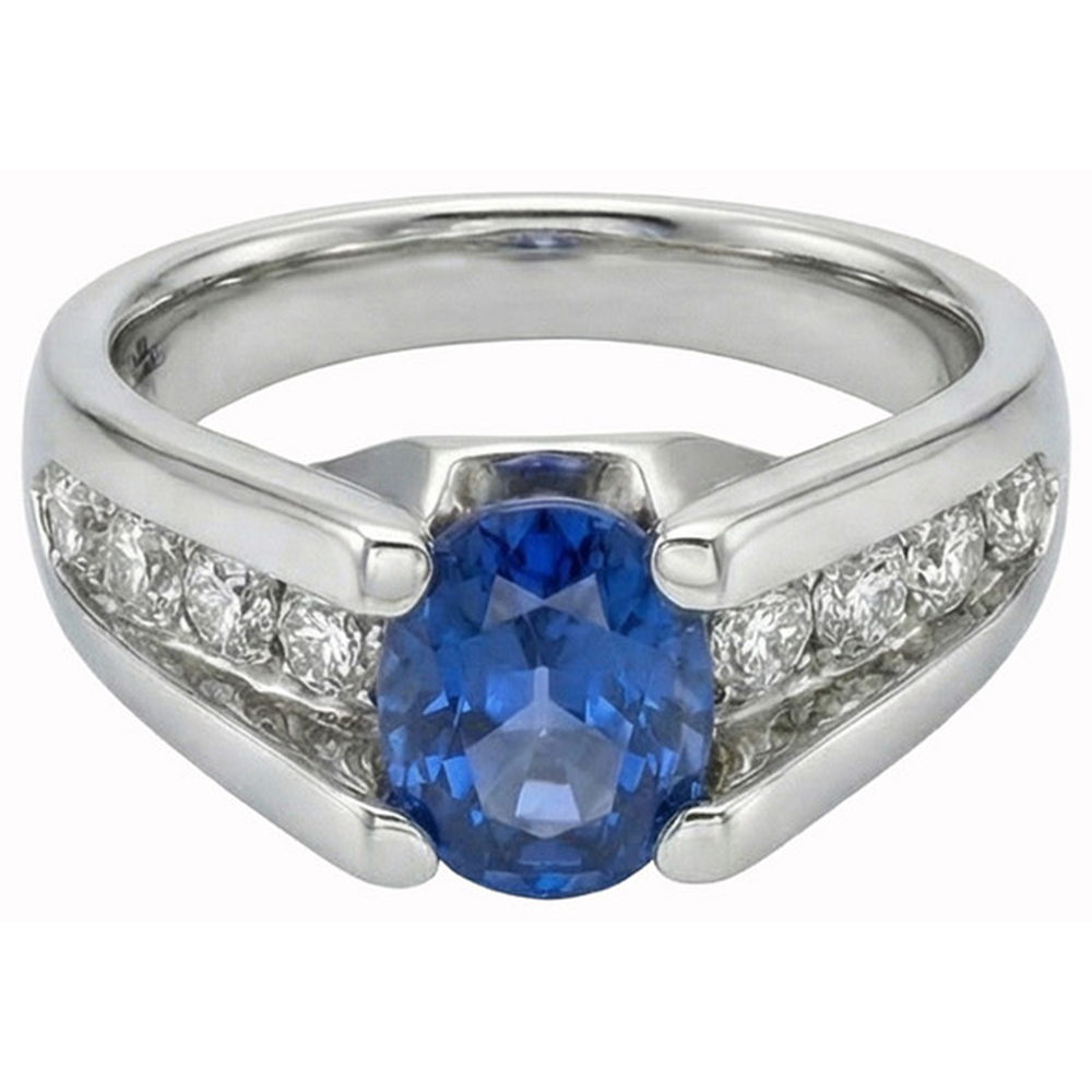 Anello con zaffiro tondo dello Sri Lanka da 2,50 carati e diamante in oro bianco 14K