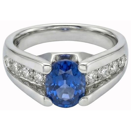 Anello con zaffiro tondo dello Sri Lanka da 2,50 carati e diamante in oro bianco 14K