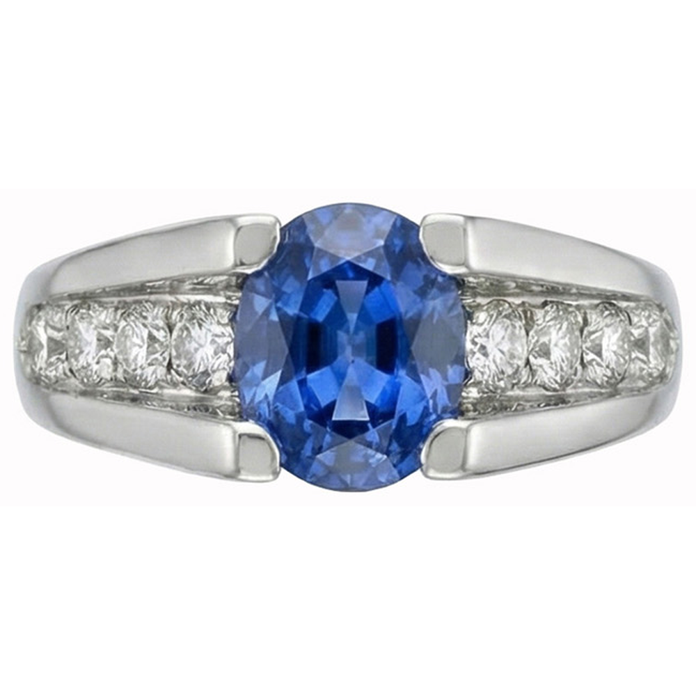 Anello con zaffiro tondo dello Sri Lanka da 2,50 carati e diamante in oro bianco 14K