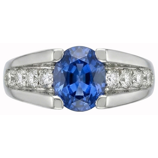 Anello con zaffiro tondo dello Sri Lanka da 2,50 carati e diamante in oro bianco 14K