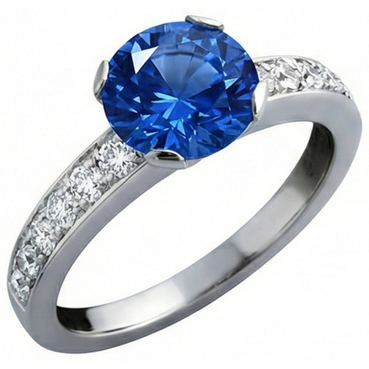 Anello con zaffiro tondo dello Sri Lanka da 3,25 carati e diamanti in oro bianco 14K