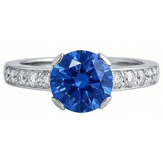 Anello con zaffiro tondo dello Sri Lanka da 3,25 carati e diamanti in oro bianco 14K
