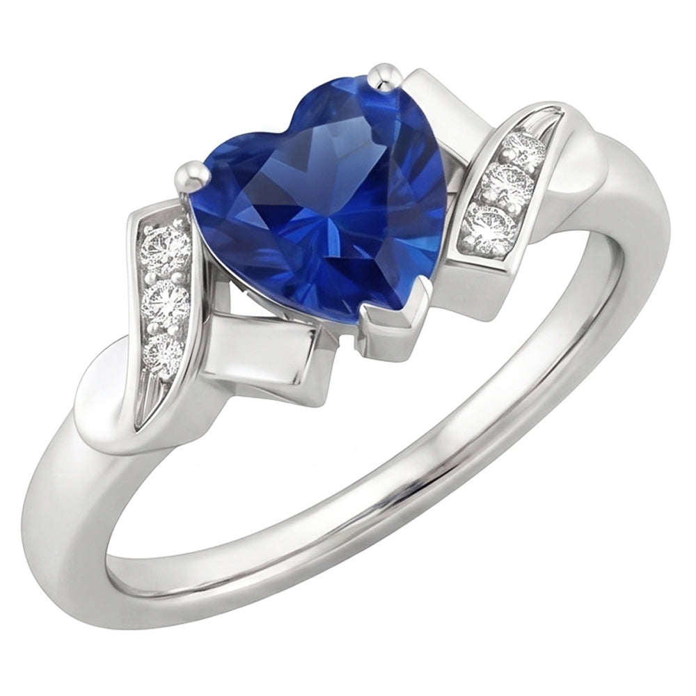 Anello cuore donna stile nastro con diamante zaffiro blu 2 carati in oro bianco 14K