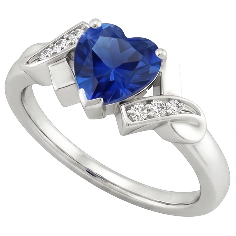 Anello cuore donna stile nastro con diamante zaffiro blu 2 carati in oro bianco 14K