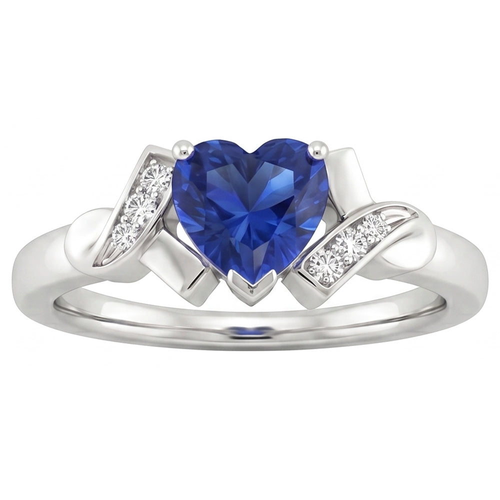 Anello cuore donna stile nastro con diamante zaffiro blu 2 carati in oro bianco 14K
