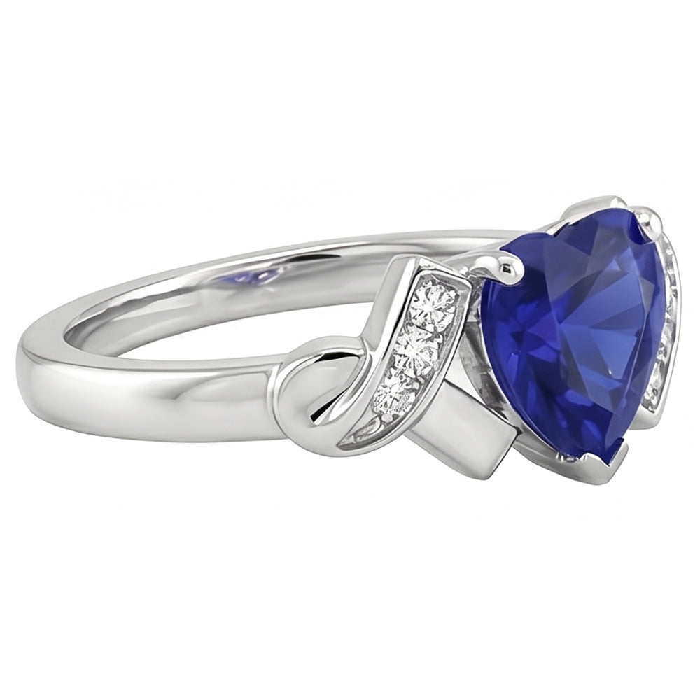 Anello cuore donna stile nastro con diamante zaffiro blu 2 carati in oro bianco 14K