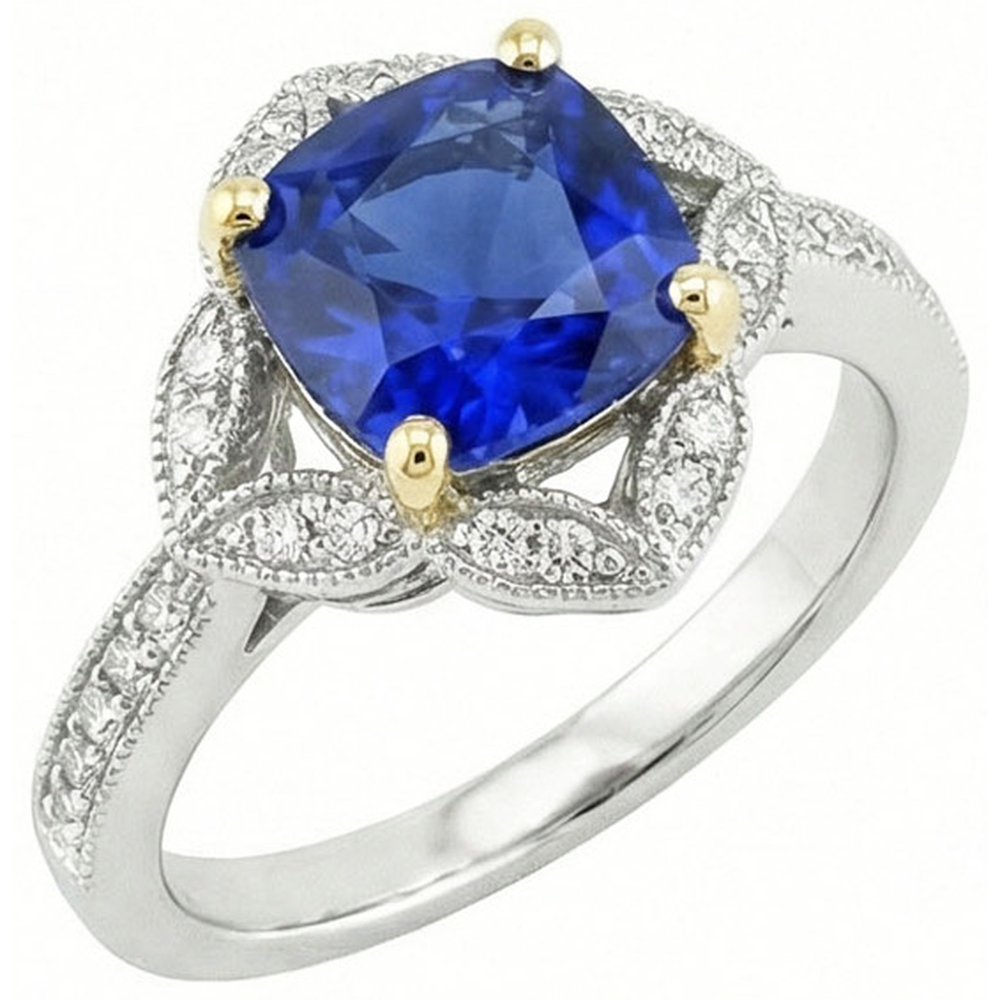 Anello cuscino con zaffiro dello Sri Lanka e diamanti 5,65 ct. Oro bicolore