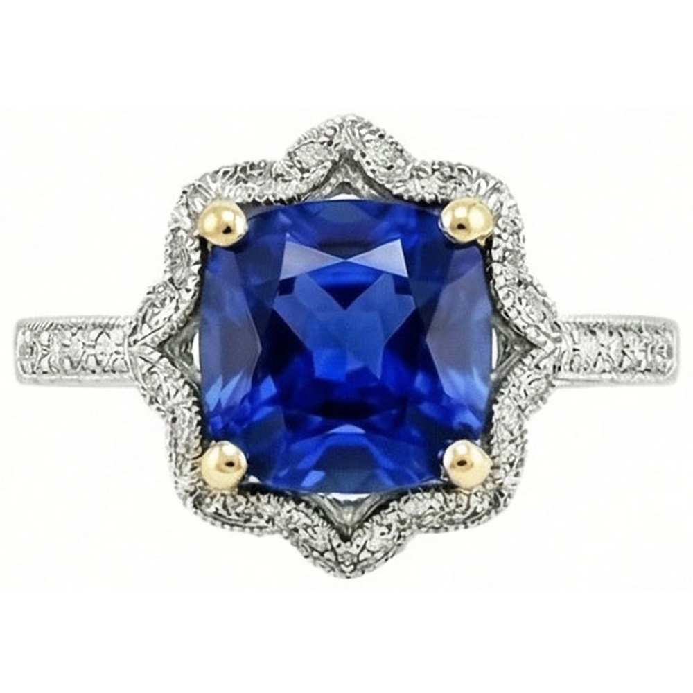Anello cuscino con zaffiro dello Sri Lanka e diamanti 5,65 ct. Oro bicolore