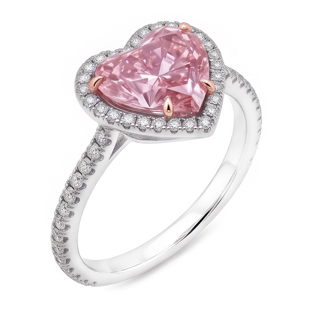 Anello da 3.35 carati con zaffiro rosa a cuore e piccoli diamanti rotondi