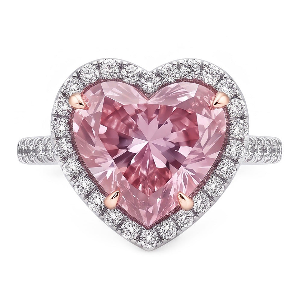 Anello da 3.35 carati con zaffiro rosa a cuore e piccoli diamanti rotondi
