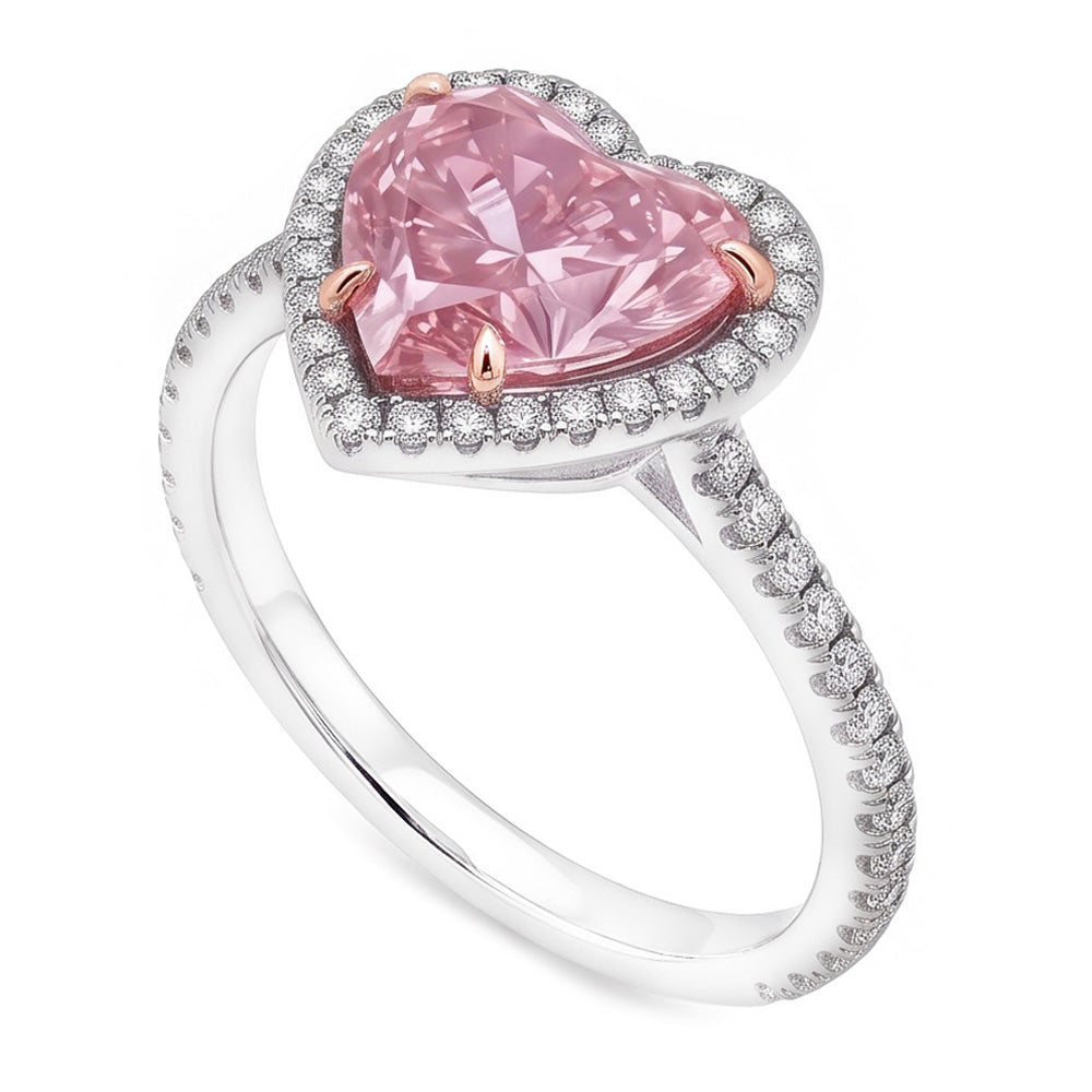 Anello da 3.35 carati con zaffiro rosa a cuore e piccoli diamanti rotondi