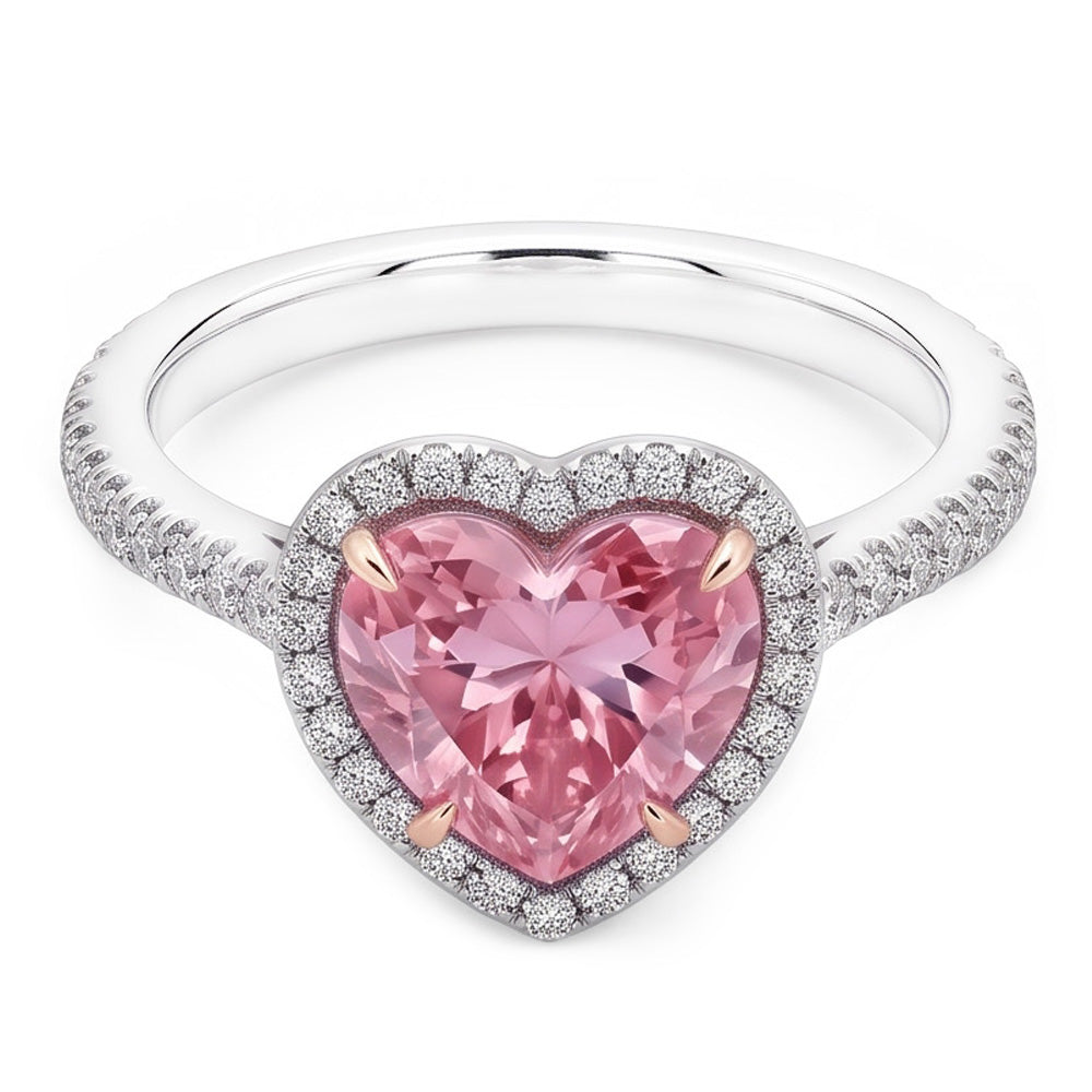 Anello da 3.35 carati con zaffiro rosa a cuore e piccoli diamanti rotondi