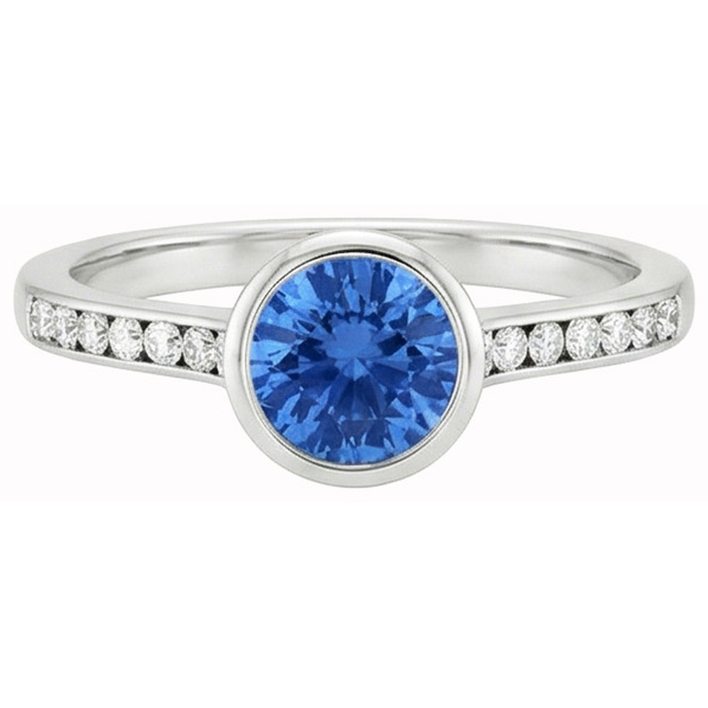 Anello da 3,50 ct con castone in oro bianco 14K con zaffiro di Ceylon rotondo e diamanti