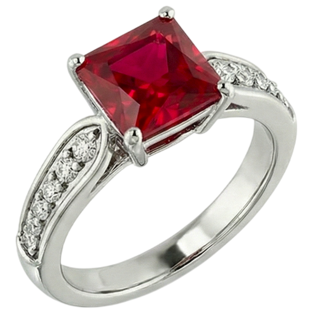 Anello da 4.40 carati con rubino rosso principessa e diamanti scintillanti in oro 14K