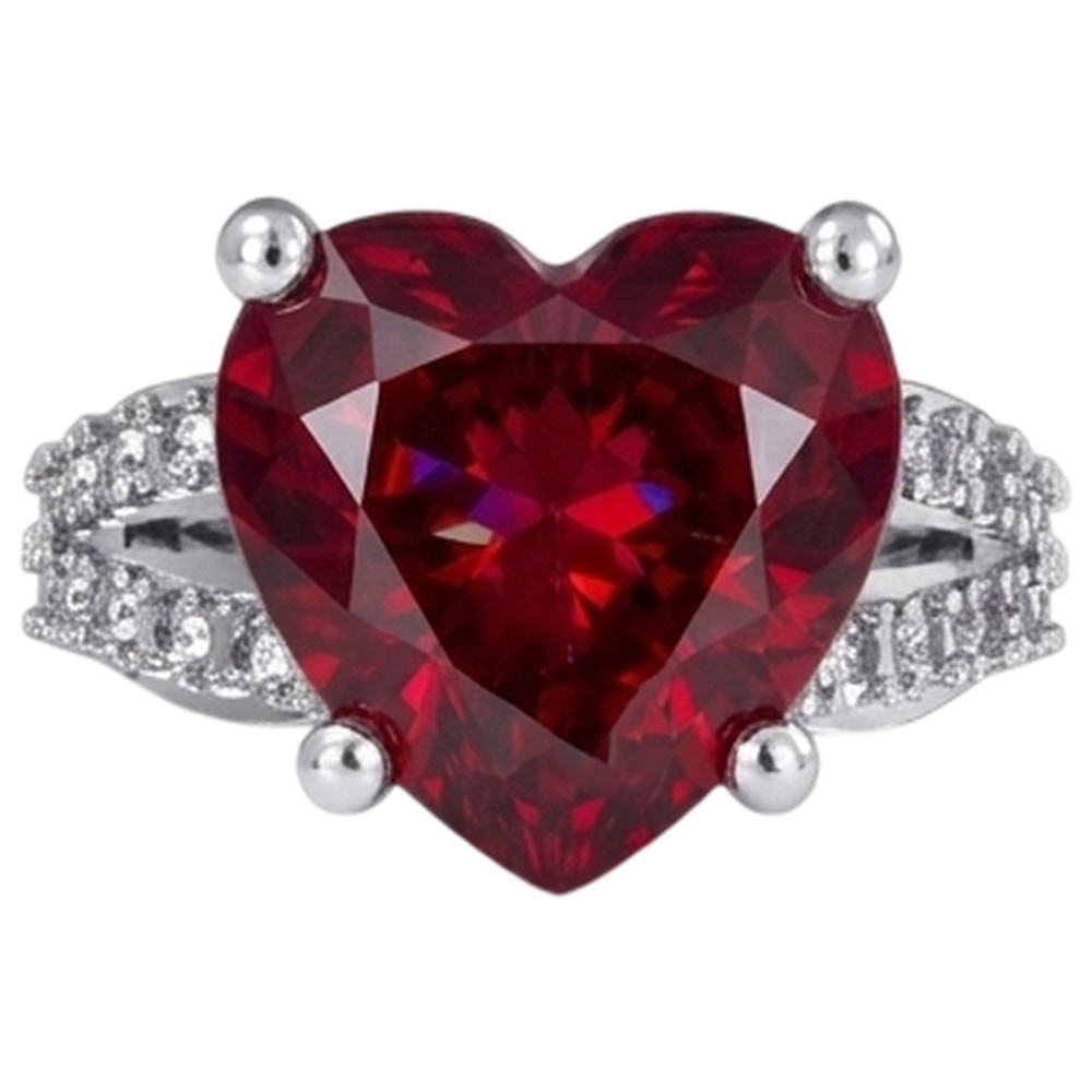 Anello da 5 ct con rubino taglio cuore rosso con diamanti. oro bianco 14 carati