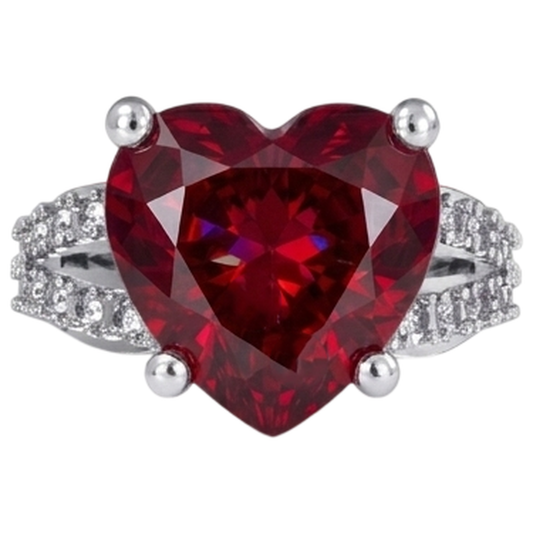 Anello da 5 ct con rubino taglio cuore rosso con diamanti. oro bianco 14 carati