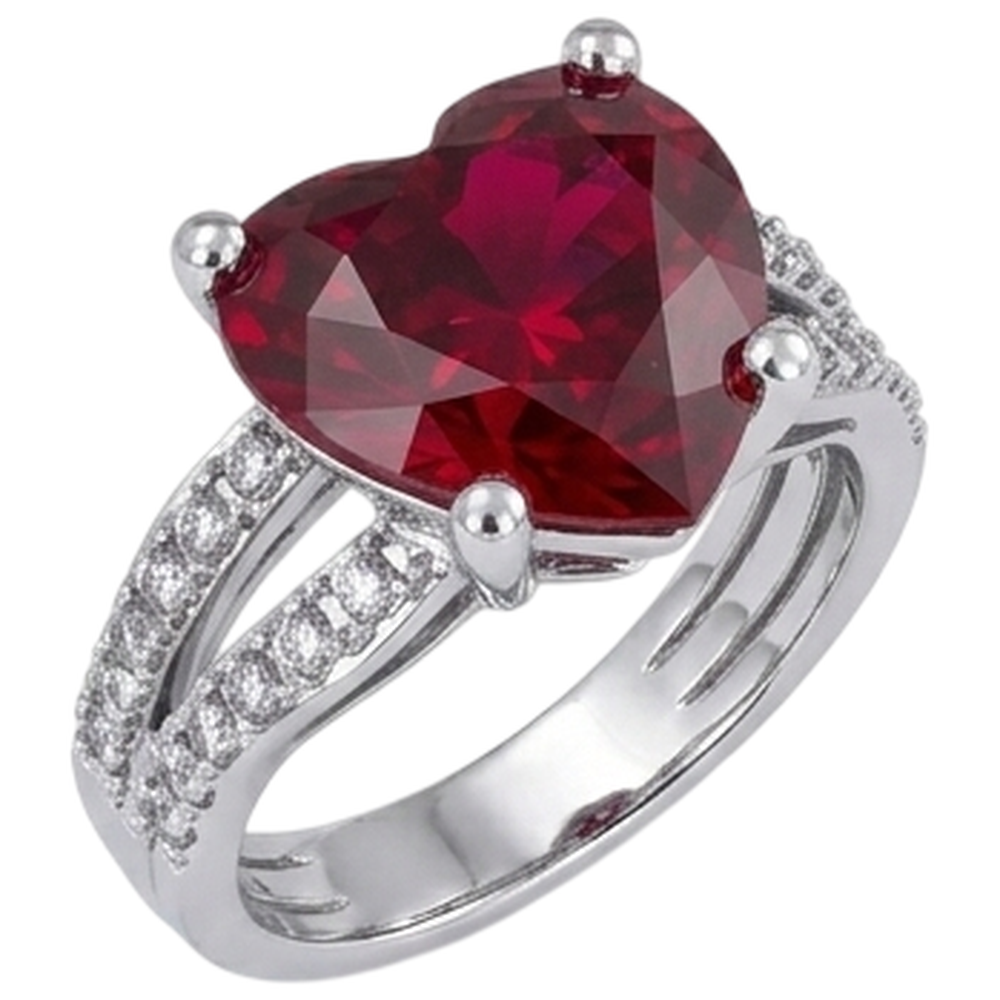 Anello da 5 ct con rubino taglio cuore rosso con diamanti. oro bianco 14 carati