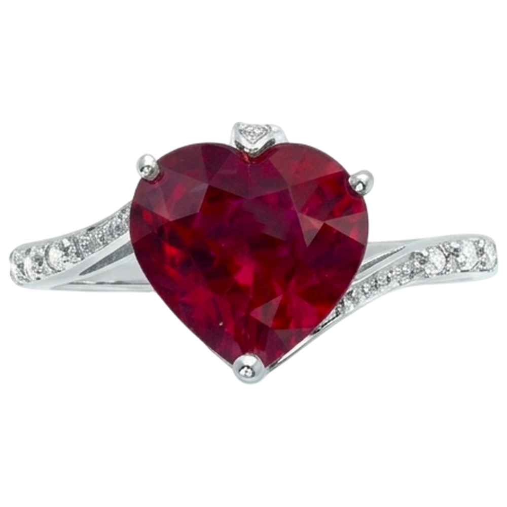 Anello da 7.20 ct con rubini rossi a taglio cuore e diamanti rotondi in oro bianco 14 carati