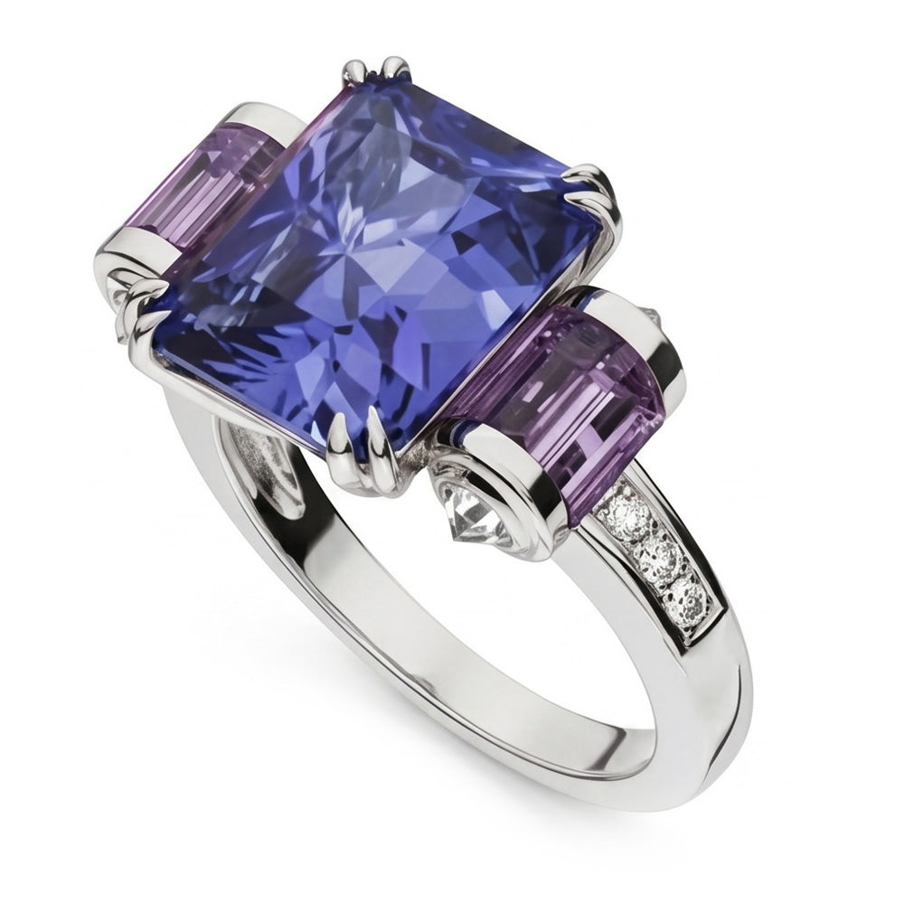 Anello da 8 carati con zaffiro dello Sri Lanka. ametista e diamanti 14K gioielli