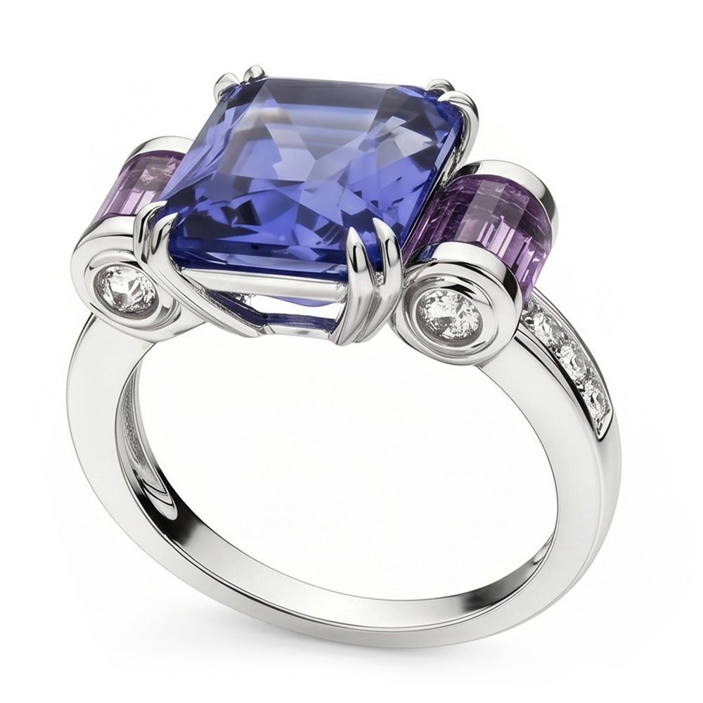Anello da 8 carati con zaffiro dello Sri Lanka. ametista e diamanti 14K gioielli