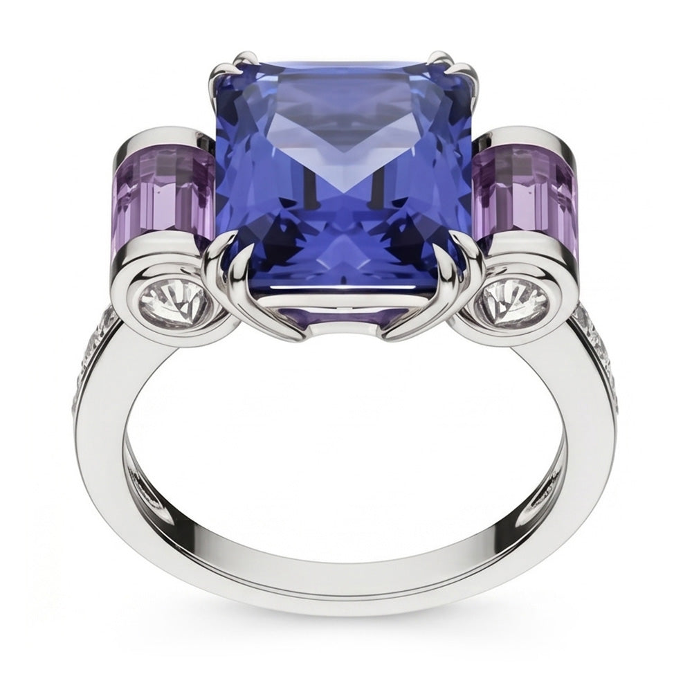 Anello da 8 carati con zaffiro dello Sri Lanka. ametista e diamanti 14K gioielli