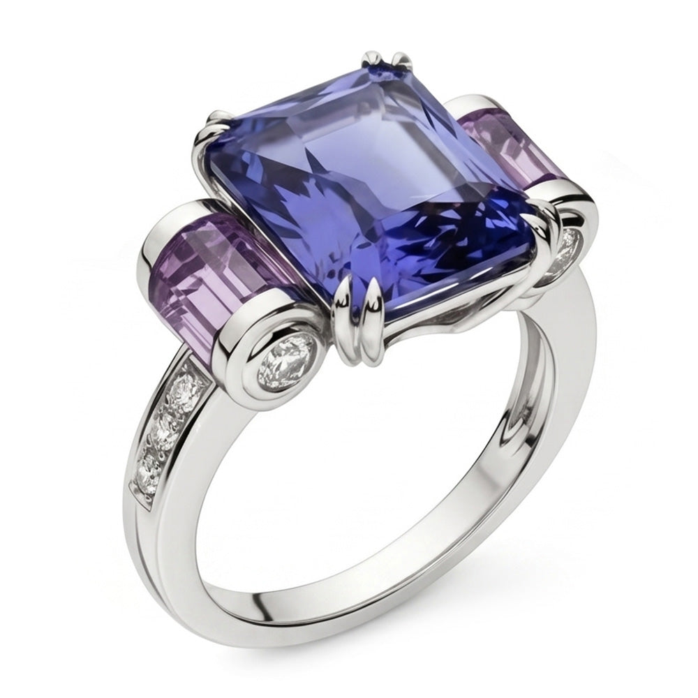 Anello da 8 carati con zaffiro dello Sri Lanka. ametista e diamanti 14K gioielli