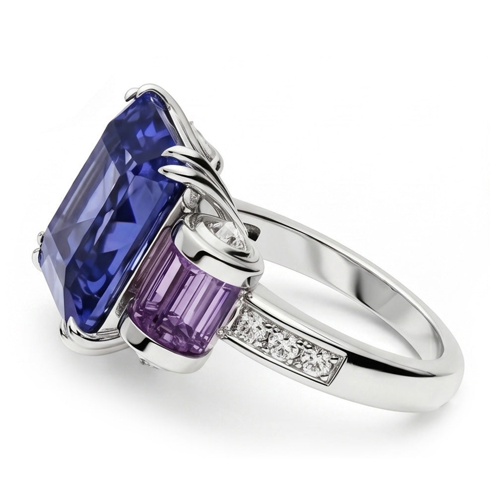 Anello da 8 carati con zaffiro dello Sri Lanka. ametista e diamanti 14K gioielli