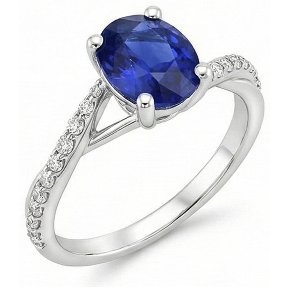 Anello da donna 3 carati Oval Ceylon zaffiro e diamanti pietre preziose in oro bianco 14K