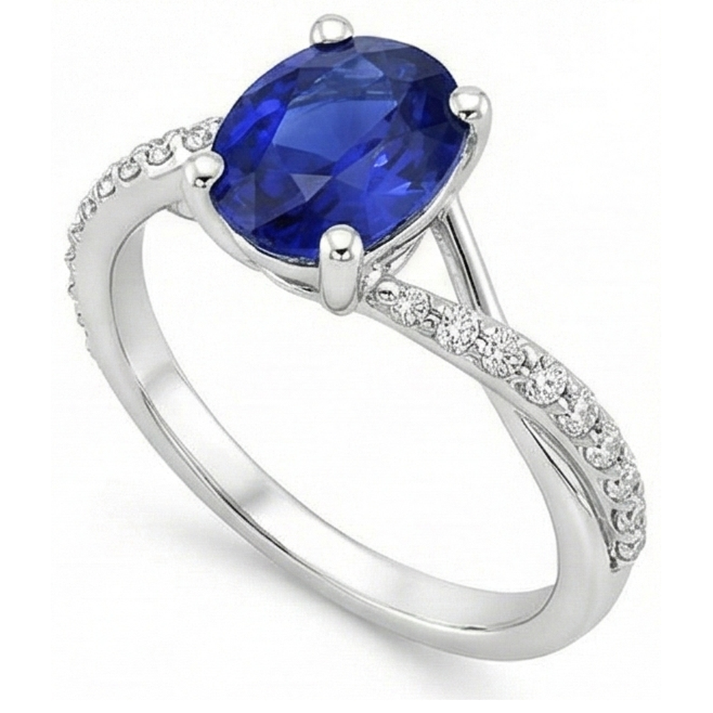 Anello da donna 3 carati Oval Ceylon zaffiro e diamanti pietre preziose in oro bianco 14K