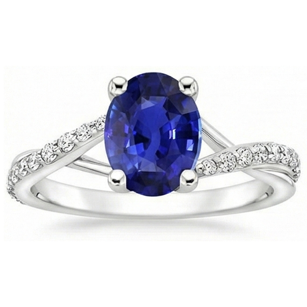 Anello da donna 3 carati Oval Ceylon zaffiro e diamanti pietre preziose in oro bianco 14K