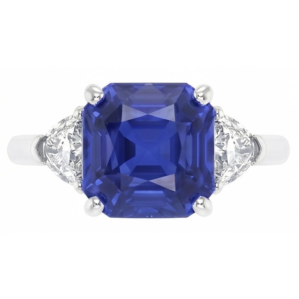 Anello da donna 3 pietre con zaffiro Asscher Ceylon e diamanti 4.50 carati