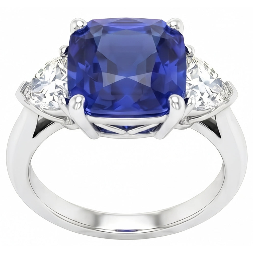 Anello da donna 3 pietre con zaffiro Asscher Ceylon e diamanti 4.50 carati