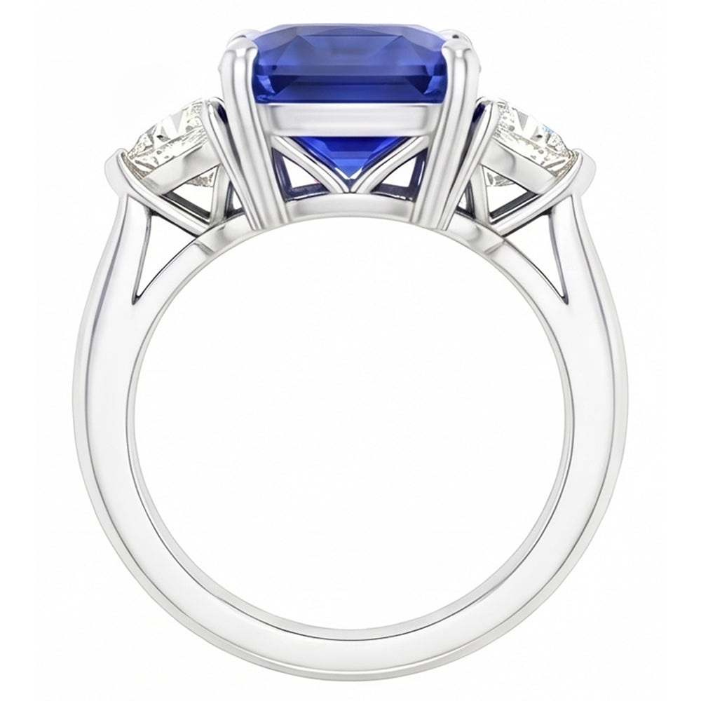 Anello da donna 3 pietre con zaffiro Asscher Ceylon e diamanti 4.50 carati
