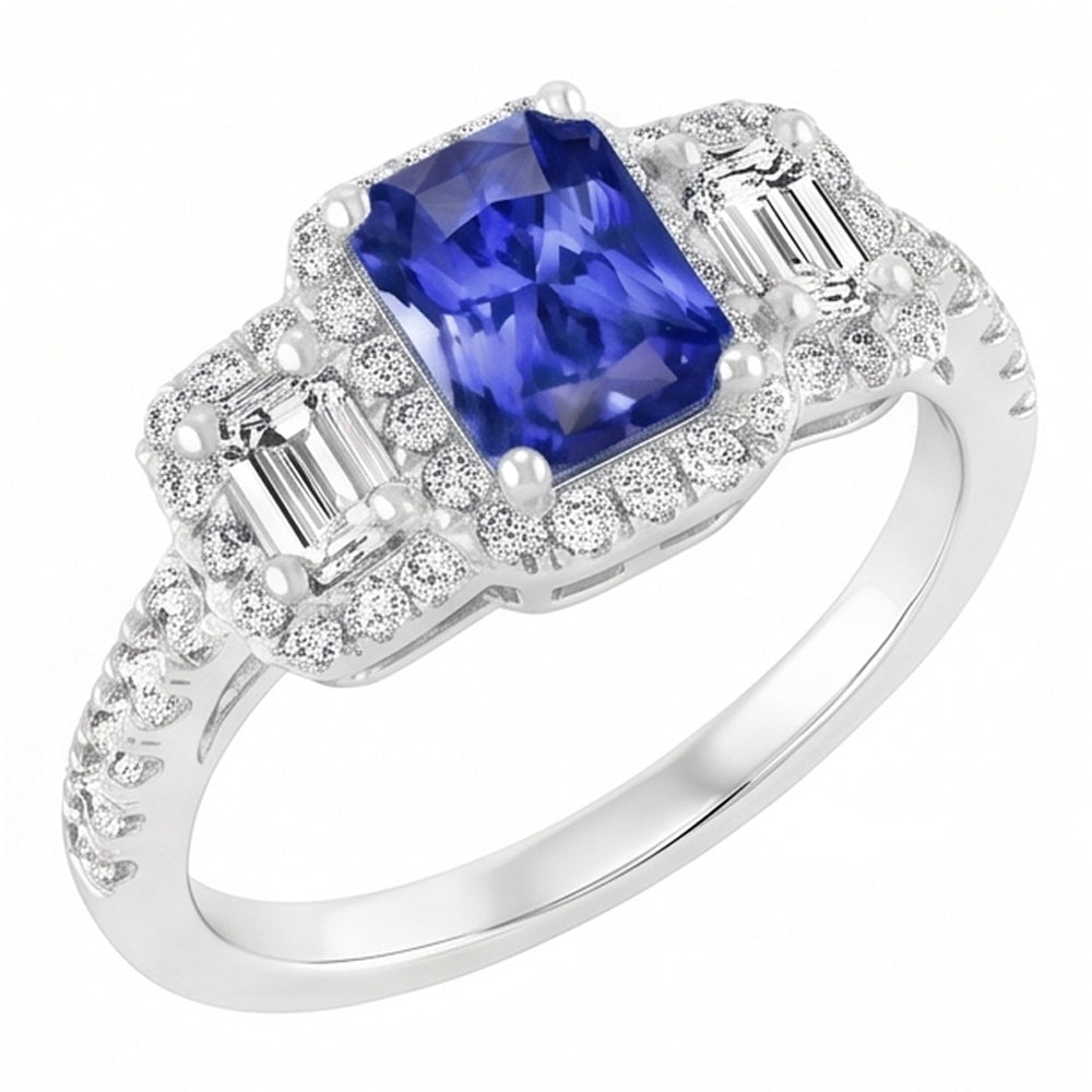 Anello da donna Halo Round Emerald Diamonds Zaffiro blu naturale 3 carati