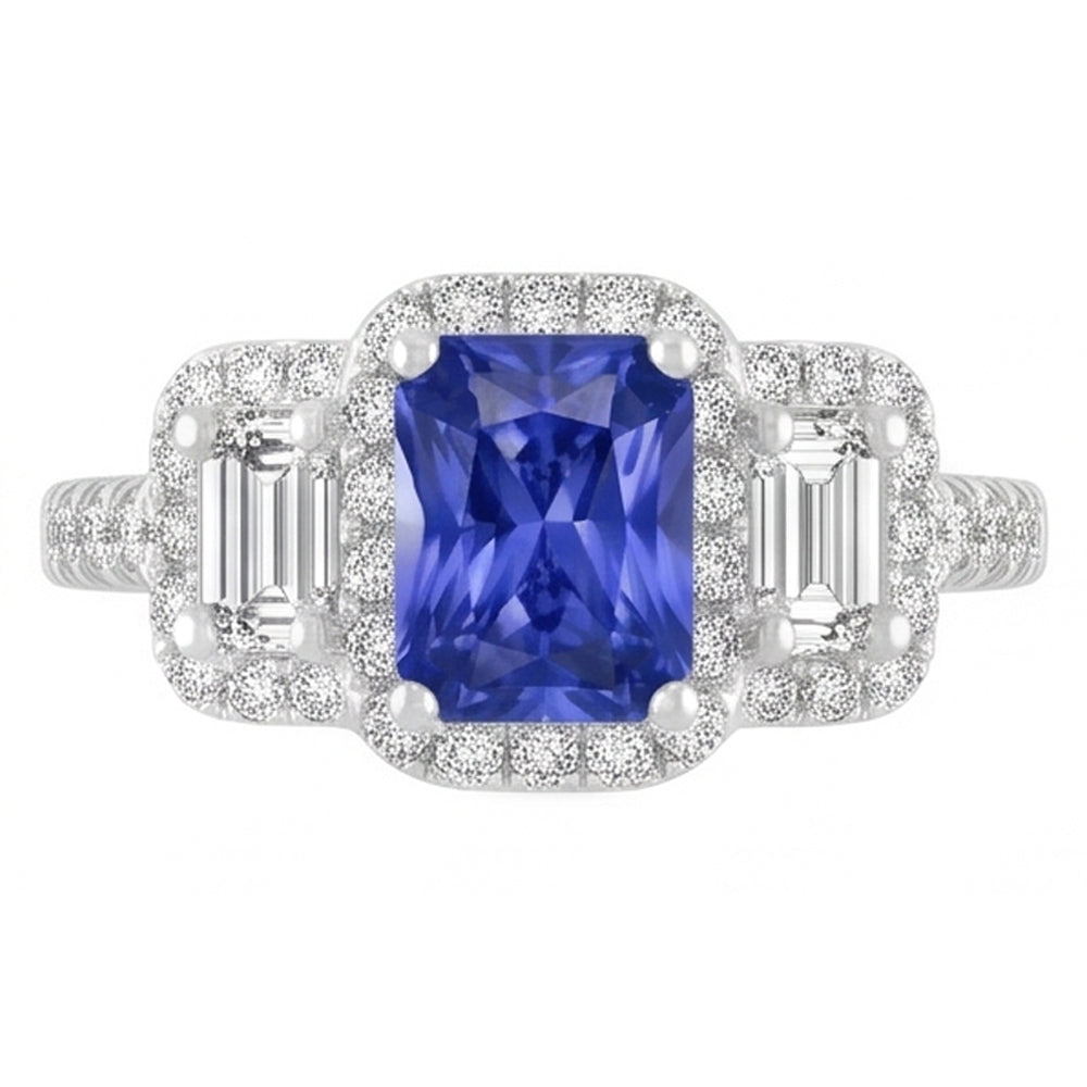 Anello da donna Halo Round Emerald Diamonds Zaffiro blu naturale 3 carati