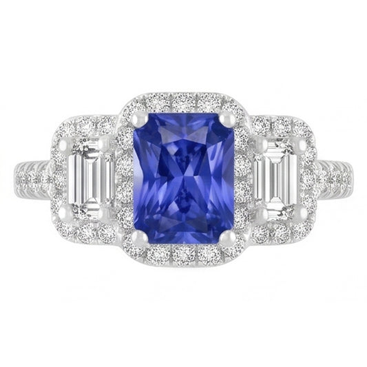 Anello da donna Halo Round Emerald Diamonds Zaffiro blu naturale 3 carati