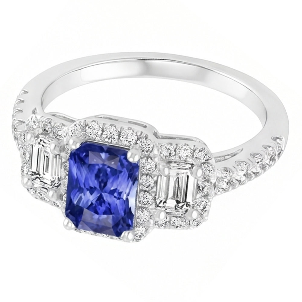 Anello da donna Halo Round Emerald Diamonds Zaffiro blu naturale 3 carati