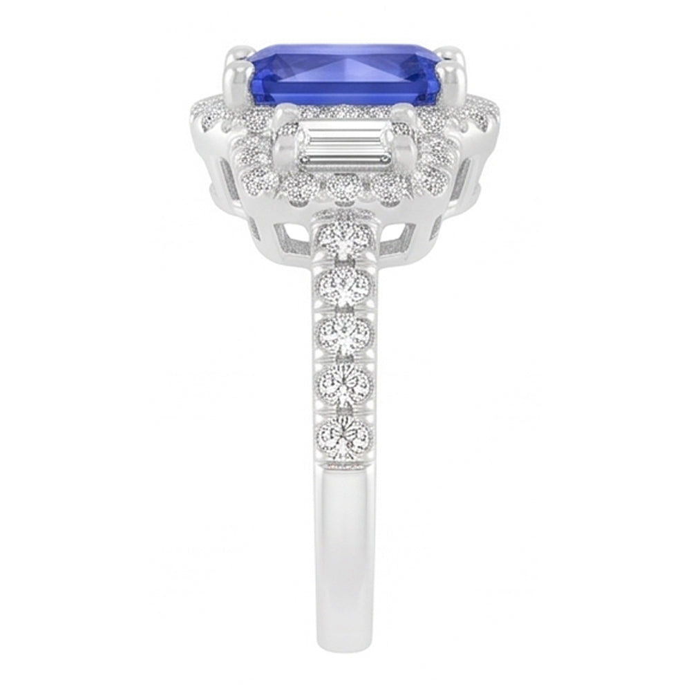 Anello da donna Halo Round Emerald Diamonds Zaffiro blu naturale 3 carati