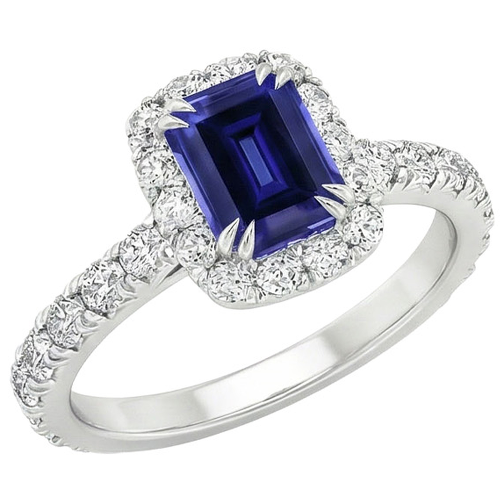 Anello da donna Halo Smeraldo Zaffiro dello Sri Lanka e diamante 5 carati