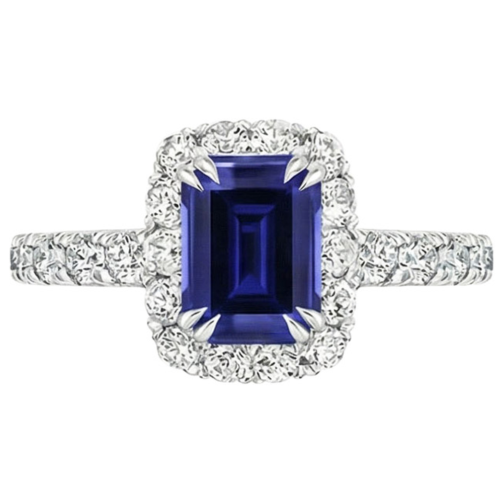 Anello da donna Halo Smeraldo Zaffiro dello Sri Lanka e diamante 5 carati