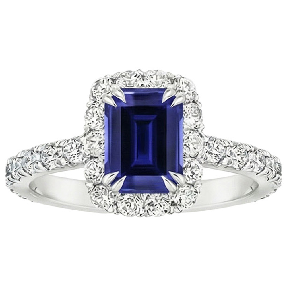 Anello da donna Halo Smeraldo Zaffiro dello Sri Lanka e diamante 5 carati