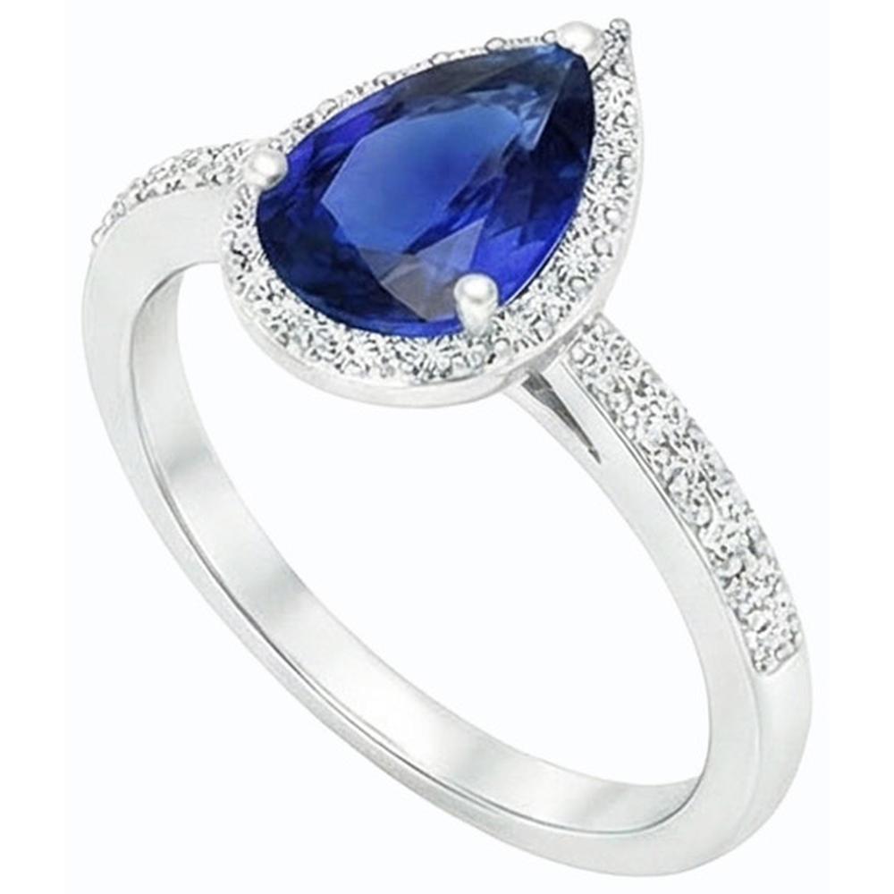 Anello da donna Halo con gemme di pera zaffiro blu 4 carati e diamanti