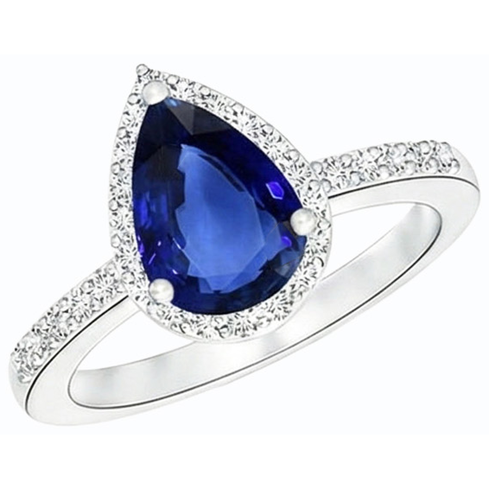 Anello da donna Halo con gemme di pera zaffiro blu 4 carati e diamanti